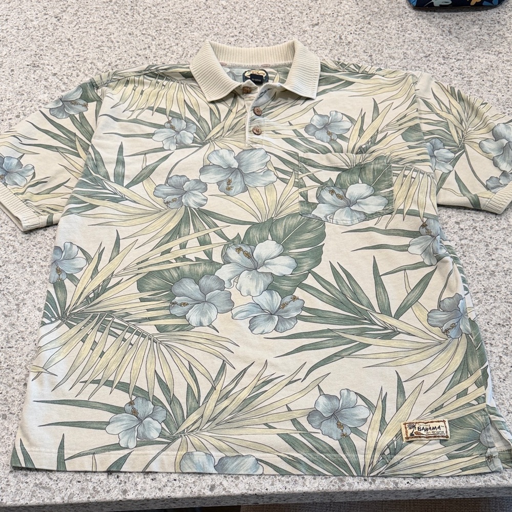 Vintage Tommy Bahama Cream and Green Floral Polo Shirt 100% Cotton Medium
